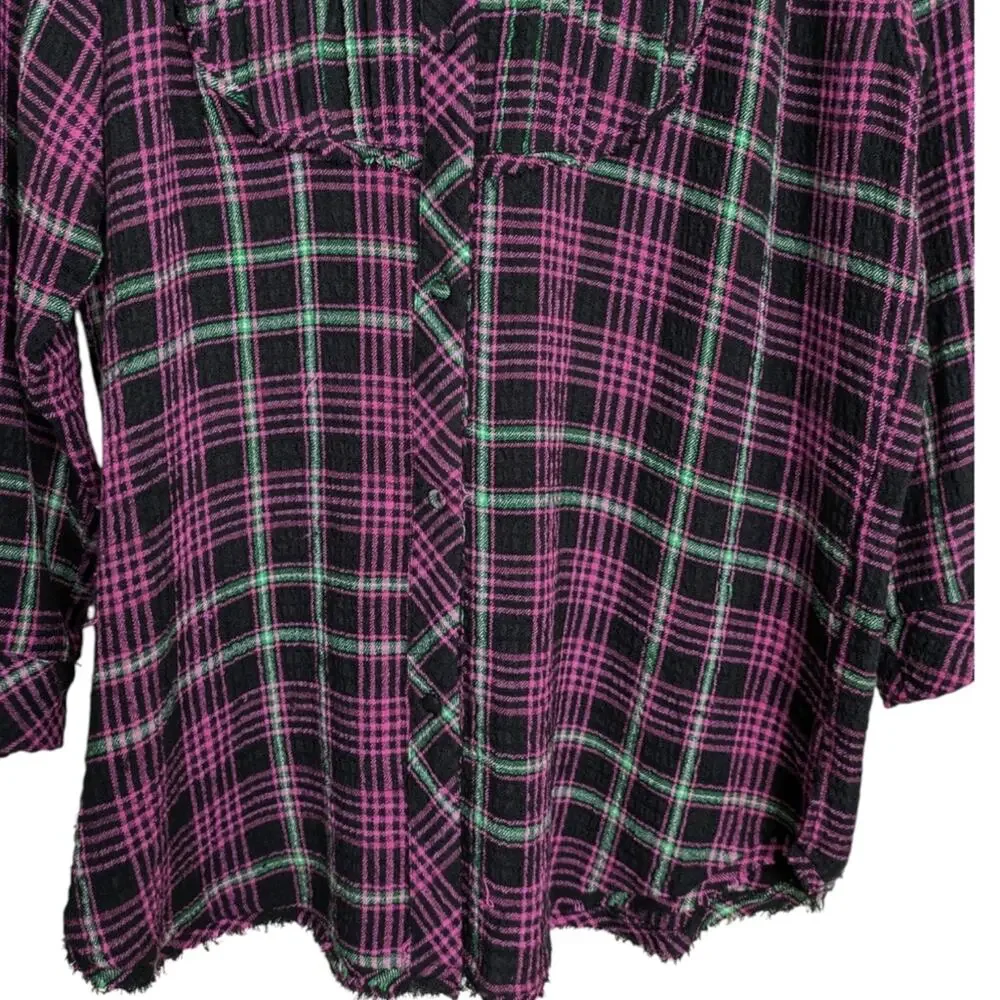 Free People Plaid About You Sleep Flannel Top XS Oversized Button Pink Black